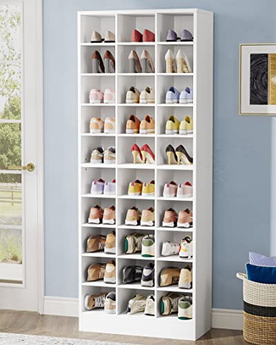 Tribesigns 10-Tier Shoe Storage Cabinet, White Wooden Shoe Rack with 30 Cubbies, Freestanding Tall Entryway Shoe Organizer for Closet, Entryway, Living Room - color: White