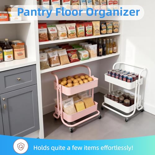 2 Tier Cart with Wheels Under Desk Storage with Handle, Metal Rolling Pantry Cart for Kitchen White Small Rolling Basket for Laundry Room Bathroom, Utility Shelf Organizer for Small Space - color: C-white