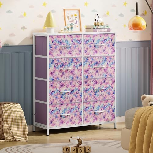 WLIVE Fabric Dresser for Bedroom, Tall Dresser with 8 Drawers, Storage Tower with Fabric Bins, Double Dresser, Chest of Drawers for Closet, Playroom, Dormitory, Tie-dye Print (Pink, Purple, Blue) - color: Tie-dye Purple Print, style: General