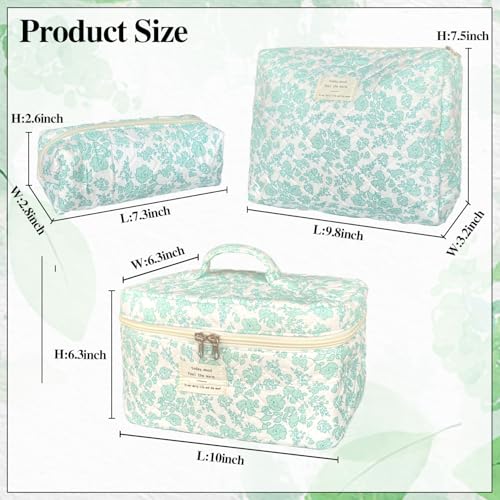 Green Large Quilted Floral Makeup Bag Set of 3 Cute Coquette Aesthetic Cosmetic Bag Set Travel Toiletry Bag for Women - color: B-3Pcs Green