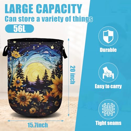 Starry Sky Sunflower Laundry Basket, Moon Flower Laundry Hamper Collapsible Oxford Cloth with Handle Clothes Toy Storage Bin for Bathroom Laundry Room Bedroom 15.7 X 20 Inch - color: Starry Sky Sunflower Moon
