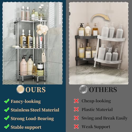 Consumest Corner Shower Caddy Standing - 3-Tier Stainless Steel Shower Organizer with Soap Holder and 4 Hooks, Large Capacity Corner Shelf Stand for Bathroom, Rest Room, Silver - color: Silver, size: 3 Tier