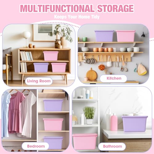 Potchen 6 Pack Cute Plastic Storage Bins with Lids Decorative Stackable Storage Boxes 9.8" ×7.3" ×5.7" Small Storing Totes for Organizing Craft Office Supplies (Pink,Purple) - color: Pink, Purple
