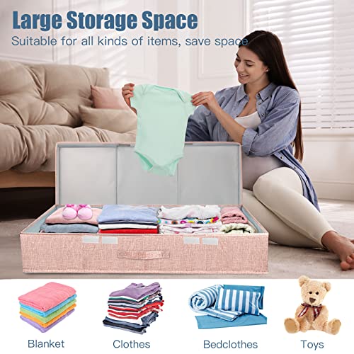 Supowin Underbed Storage Containers Bin with Lids, Large Under Bed Storage Organizer Box with Handle, Foldable Under the Storage Bags for Organizing Clothes, Shoes, Blankets, Pillows - color: D-Pink