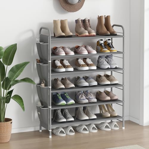 SUOERNUO Shoe Rack Storage Organizer 6 Tier Free Standing Metal Shoe Shelf Shoe Organizer with Side 8 Shoes Pockets for Entryway Closet Bedroom,Grey - color: Grey, size: 6 Tier