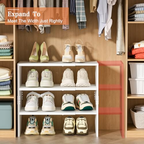 White Shoe Rack Organizer for Closet, 3-Tier Expandable Shoe Shelf, Stackable Iron Wood Combination Shoe Racks Shelves for Closets, Entryway,Small Space,Hallway,Garage,Holds 8-16 Pairs of Shoes - color: White, size: 1 Pack (3 Tier)