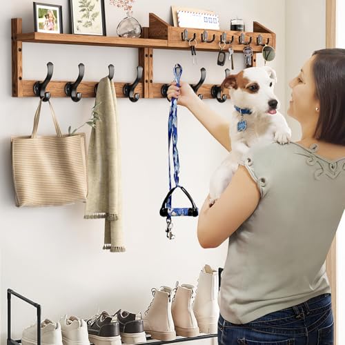 Evermagin 35" Coat Rack Wall Mount with Shelf, 4 in 1 Wall Mounted Coat and Key Hanger with 13 Hooks, Entryway Key Holder with Mail Holder for Living Room, Bedroom - color: Brown, size: 35 Inch