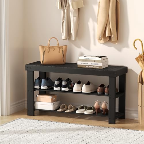 Sweetcrispy Shoe Rack Bench, 3-Tier Bamboo Entryway Storage Organizer, 286lb Capacity, Shoes Stand for FrontDoor Entrance, Bedroom, Living Room, Bathroom, Balcony, 35 Inches Length, Black - color: Black, size: 35 inches WIdth