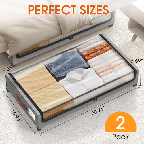 SpaceHacks Under Bed Storage with Wheels 2Pack Underbed Storage with Clear Window&Label Under Bed Drawers Large Capacity Rolling Under Bed Storage for Clothes,Shoes, Blankets (Light Grey) - color: Light Grey, size: 2 pack