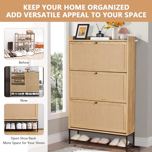 Shoe Cabinet Storage for Entryway, Narrow Shoe Cbinet with 3 Filp Drawers, Wood Freestanding Shoe Organizer Cabinet with Metal Legs, Hidden Storage Behind Door for Hallway, Living Room (Natura) - color: Linen-natural, size: 3 Drawer-Divider