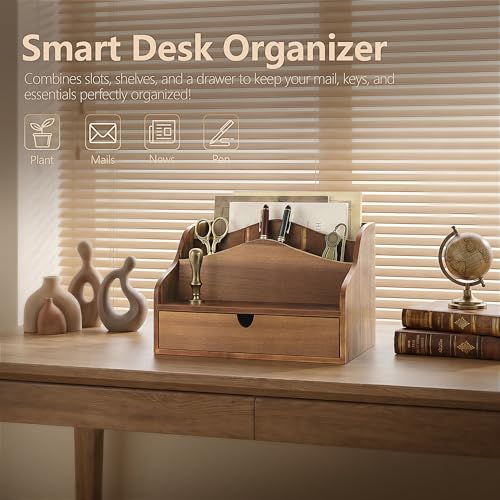 Rebee Vision Acacia Wood Mail Organizer for Desk – Farmhouse Countertop Mail Holder with Drawer for Office Accessories –Rustic Desktop Organizer for Home Decor (Acacia Wood) - color: B-acacia Wood