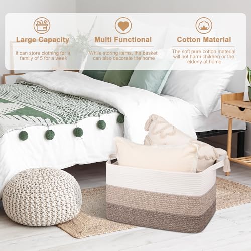 OIAHOMY Large Blanket Basket, 65L Cotton Rope Woven Laundry Basket, Toy Bin for Baby Room, Container for Blanket Storage in Living Room, 20''×16''×12'', Gradient Brown - color: Gradient Brown, size: 65L