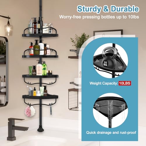 Corner Shower Caddy Tension Pole, Rustproof Bathtub Storage Organizer with 4 Adjustable Shelves, Bathroom Shower Rack Shampoo Holders for Inside Shower, 40"-120" Floor to Ceiling Shower Caddy Black - color: Black