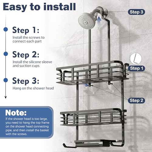 Shower Caddy Hanging, Never Rust Aluminum Shower Organizer, Over Showerhead No Drilling Shower Racks, with Soap Holder Multi Hooks Bathroom Storage for Shampoo Sponge,Silvery - color: Black