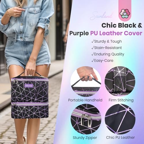 SAVILAND Nail Polish Organizer Bag: PU Leather Nail Kit Organizer Holds 30 Bottles & Nail Lamp, Black Nail Supply Organizer Nail Polish Carrying Case Gel Nail Organizers and Storage Box for Nail Tech - color: Black