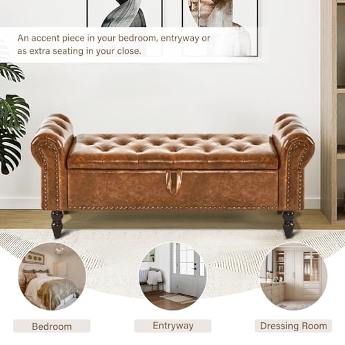 Furnimart Storage Bedroom Bench for End of Bed, Faux Leather Upholstered Storage Ottoman with Rolled Arms for Bedroom,Living Room, Entryway, 2.5Cubic Feet - color: Faux Leather/Brown