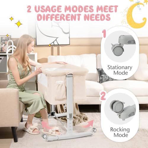 BABY JOY Bassinet Bedside Sleeper, 3 in 1 Folding Crib w/Adjustable Height, Mattress, Lockable Wheels, Storage Pocket & Carry Bag for Infant Newborn, Stationary & Rock, Portable Baby Bassinet (Beige) - color: Beige