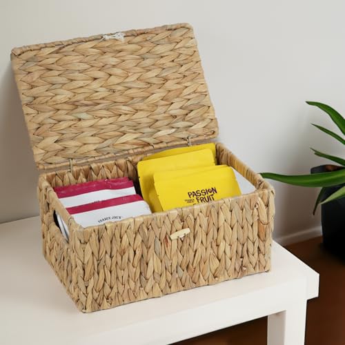 Water Hyacinth Baskets for Organizing, Rectangular Wicker Basket with Lid, Storage Baskets Bins with Built-in Handles for Shelf, Decorative Woven Basket Boxes for Storage Home Organizer Decor - size: 12.2" x 7.8" x 6"