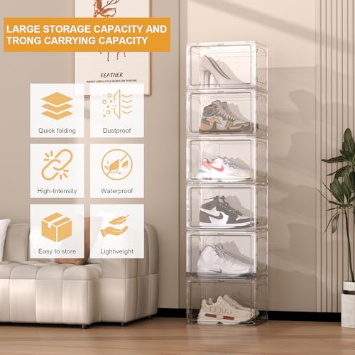 Shoe Box,Set of 6,Stackable Plastic Clear Shoe Box Organizer with Magnetic Door,Shoe Storage Box Thicken Sturdy,Easy Assembly,Fit up to US Size(Side opening door, Clear) - color: White, size: Side