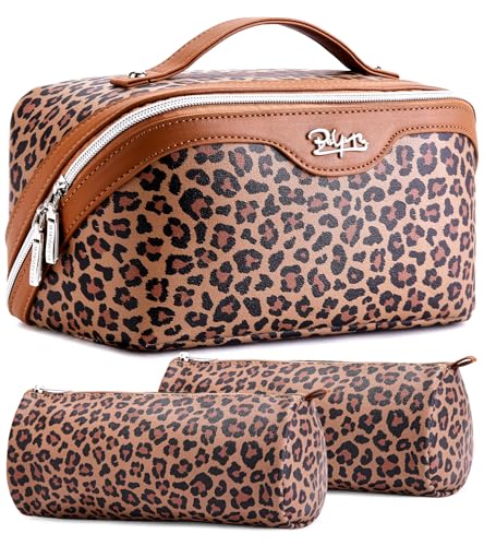 BOYATU Travel Makeup Bag for Women: 3-in-1 Modular Leopard Print Cosmetic Bag Set for 3-15 Day Trips - Waterproof Vegan Leather Toiletry Bag - Perfect for Party/Festival/Night Out - Gift Box - Brown - color: 01-Brown