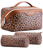 BOYATU Travel Makeup Bag for Women: 3-in-1 Modular Leopard Print Cosmetic Bag Set for 3-15 Day Trips - Waterproof Vegan Leather Toiletry Bag - Perfect for Party/Festival/Night Out - Gift Box - Brown - color: 01-Brown