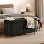 Oval Shoe Storage Bench with Padded Seat Cushion, 2-Tier Fluted Shoe Cabinet with Adjustable Shelves, Mid-Century Bench Compact for Entryway, Hallway, Closet, Front Accent, Foyer, Bedroom, Black