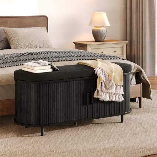 Oval Shoe Storage Bench with Padded Seat Cushion, 2-Tier Fluted Shoe Cabinet with Adjustable Shelves, Mid-Century Bench Compact for Entryway, Hallway, Closet, Front Accent, Foyer, Bedroom, Black