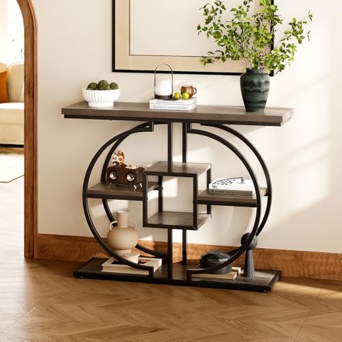 GiftGo Narrow Console Table for Entryway Industrial 4-Tier Sofa Table Behind Couch with Circle Base Rustic Wooden Accent Tables with Storage Shelves for Living Room, Hallway, Foyer (Grey) - color: Grey