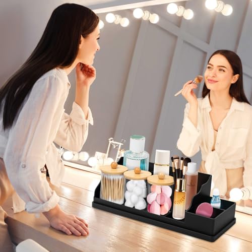 Bathroom Counter Organizer, Black Silicone Toothbrush Holders for Bathrooms Organizer Countertop with 3PCS Qtip Holder, Toothbrush and Toothpaste Holder for Bathroom Organization Storage Vanity - color: Black With 3pcs Dispenser