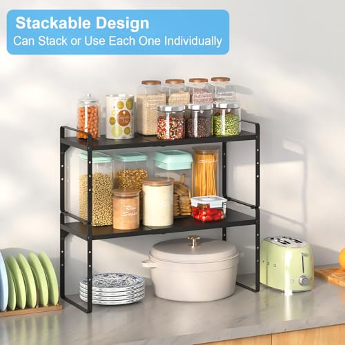 15.5 to 25.5 Inch Kitchen Cabinet Shelf Organizers, Adjustable Kitchen Counter Shelf Organizer, Set of 4 Expandable Countertop Storage Shelves, Stackable Design, 30LBS Heavy Duty, Space Saver - color: Black