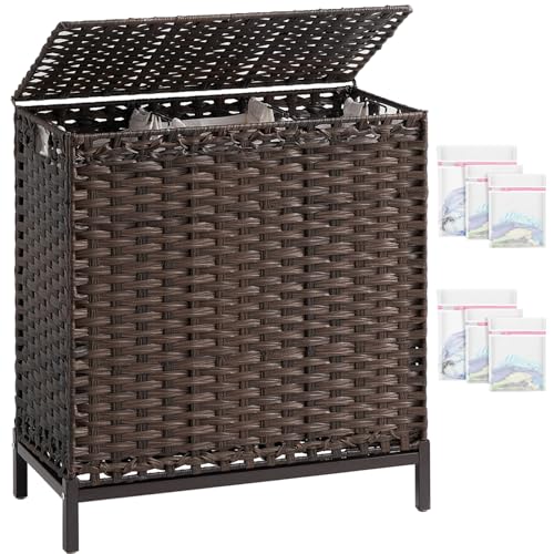 SETVSON Laundry Hamper with Lid 132 L, (35 Gallons) Clothes Hamper with Lid, Handwoven Rattan Laundry Hamper with Metal Heightened Feet, Laundry Hampers with 3 Removable Liner Bags for Laundry-Brown - color: Brown, size: 132 L - 35 gal
