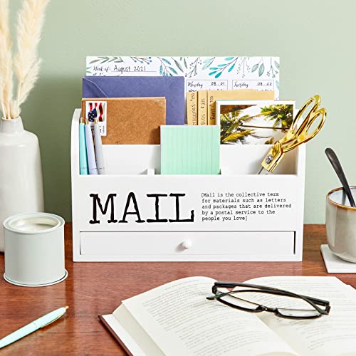Juvale Wooden 3-Tier Countertop Mail Organizer - Desktop Organizer with Drawer for Paper & Supplies - Wall-Mount Mail Holder for Envelopes & Letters - White, 11 x 7 x 4 in