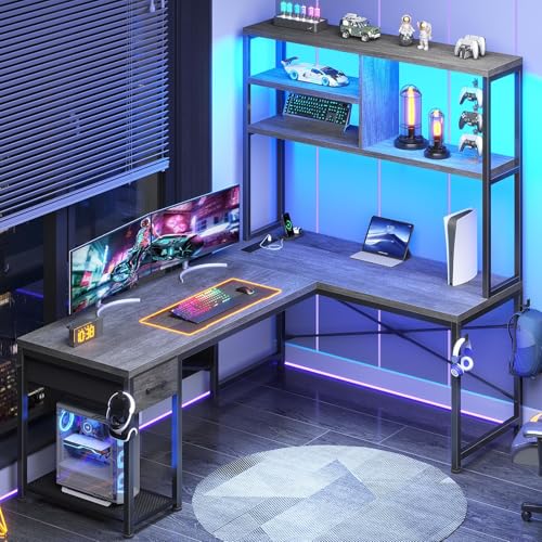 SEDETA L Shaped Gaming Desk, 51.2" Reversible Small Corner Desk with Drawer, Power Outlet & LED Lights, Computer Desk with Storage Shelves for Small Space, Grey - color: Grey