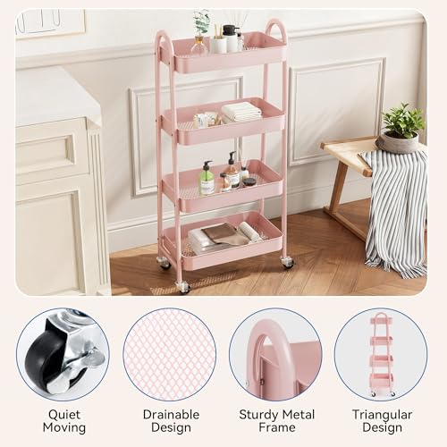 NEWBULIG 4-Shelf Rolling Utility Cart with Locking Wheels, Slim Metal Mobile Storage Organizer Shelf for Small Spaces, Bathroom, Living Room, Pink - color: Pink, size: 4-Tiers