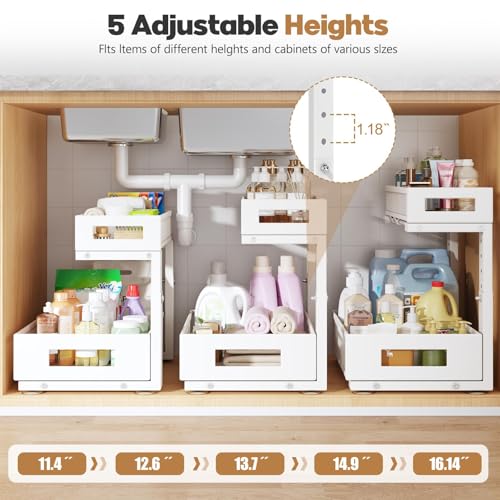 2-Pack Under Sink Storage Organizer, Large 2-Tier Elegant Mesh Pull Out Shelf for Kitchen and Bathroom Cabinet Organization, L-Shaped and Adjustable Height Design for Maximum Space Efficiency-White - color: White, size: 2 Pack-15.74"Dx11.4"-16.14"H