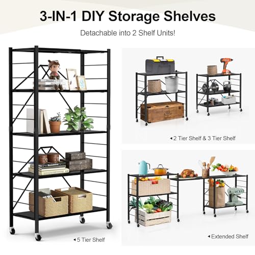 5 Tier Foldable Storage Shelves, Expandable Folding Shelving Units with Wheels, Changeable into 2 Shelf Units, Collapsible Adjustable Storage Rack Metal Shelves for Storage, Pantry, Garage, Kitchen - color: Black, size: 5-Tier