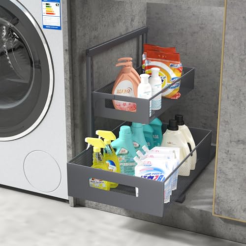 Petiza Under Sink Organizer Pull Out Cabinet Organizer Adjustable Height 2 Tier with Sliding Drawers Kitchen Bathroom Organizer and Storage(Gray-1pc) - color: Gray, size: Extra Large-1 pack