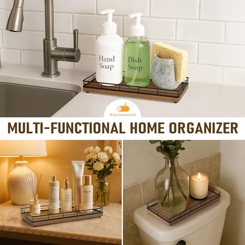 Bathroom Vanity Tray for Countertop, 12" x 6" Acacia Wood Toilet Tank Tray with Metal Guardrail, Bathroom Organizer for Soap, Perfume & Skincare, Non-Slip Decorative Tray for Dresser, Black & Acacia - color: Acacia, size: 12" x 6" x 1.5"