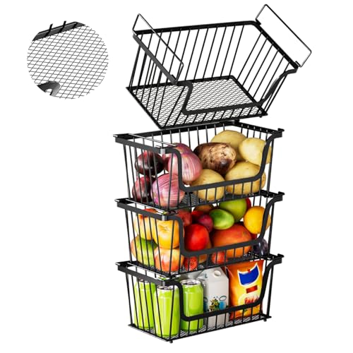 4 Pack Enhanced Leak-Proof Bottom Stackable Wire Baskets, Pantry Organizers and Storage, pantry storage，Shelf Baskets, Fruit Basket, Potato and Onion Storage Bins，(Black) - color: 4Pack-Black Baskets