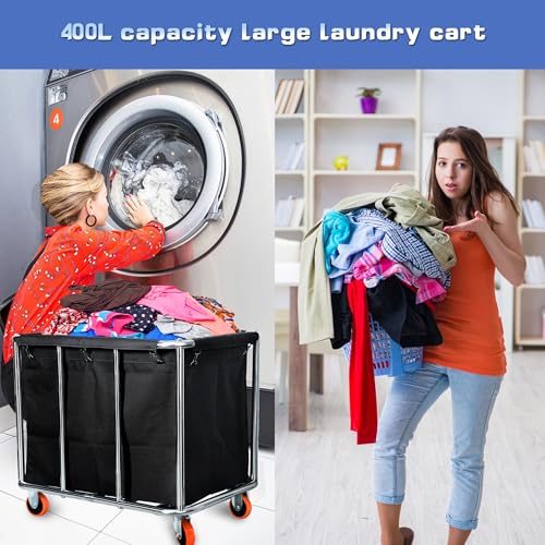 Commercial Laundry Cart with Wheels, 400L Large Capacity Heavy Duty Stainless Laundry Basket,Laundry Sorter for Clothes Storage,330 lbs Load (Black) - color: Black