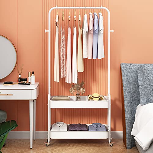 2-Tiers Clothes Rack Freestanding Clothing Garment Rack with Metal Basket Rolling Storage Clothes Shelves Portable Organizer Coat Rack for Entryway Home Bedroom Laundry Small Place (White) - color: White