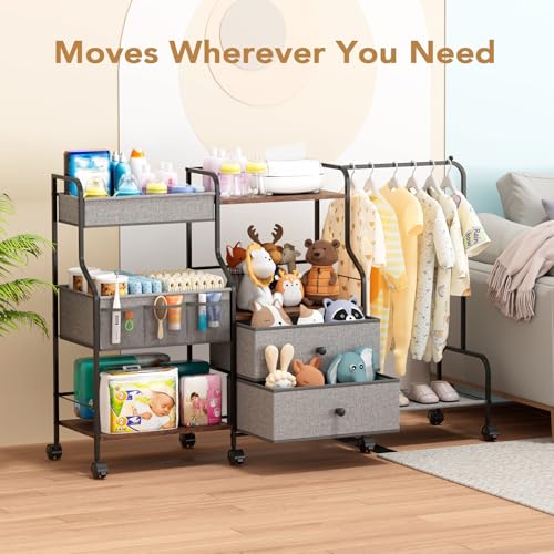 BBLIKE Diaper Caddy Organizer with Hanging Rack - 3 Tier Rolling Utility Cart with Drawers and Dividers for Baby Bottle Storage - Bedside Cart for Changing Station, Crib, Nursery, Bedroom, Gray - color: Grey