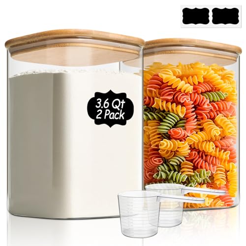 ComSaf 3.6 Qt Glass Food Storage Containers Set of 2, Large Storage Containers with Lids, Square Glass Jars with Lids, for Flour and Sugar, Cereal, Rice, Pasta, Oats, Coffee Beans - color: 3.6Qt-Square-2 Pack
