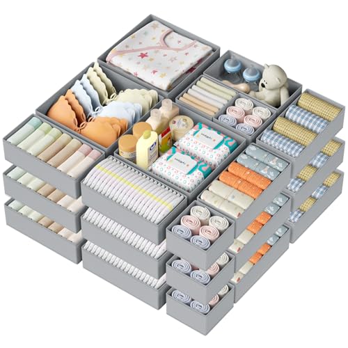 DIMJ Drawer Organizer Clothes Storage - 24 Pack Baby Dresser Organizer for Nursery, Small Fabric Closet Drawer Organizer Bins for Underwears Socks, Foldable Storage Dividers Organization for Bedroom - color: Light Gray, size: 24 Pack