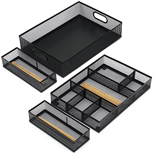 Neudeco Desk Drawer Organizer with 6 Adjustable Dividers, Metal Mesh Pen Organizer for Desk Drawer, Office Supplies Tray (Pack of 4, Black)