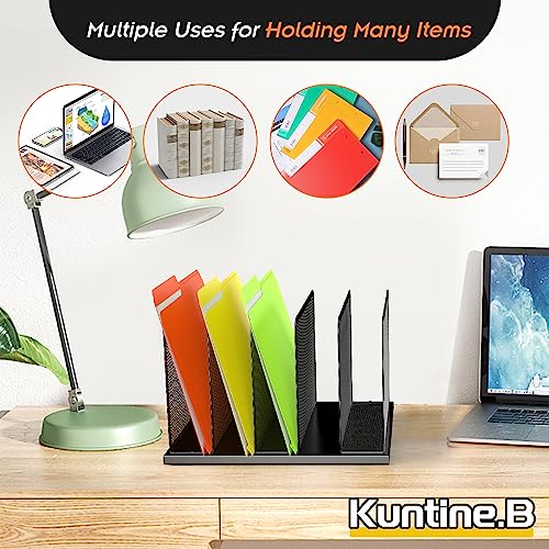 Kuntine.B Desk File Organizer Upright Mesh Desktop Organizer File Sorter Office Organization File Holder for Home, Office & Classroom (Black, 2 Pack 5-Section)