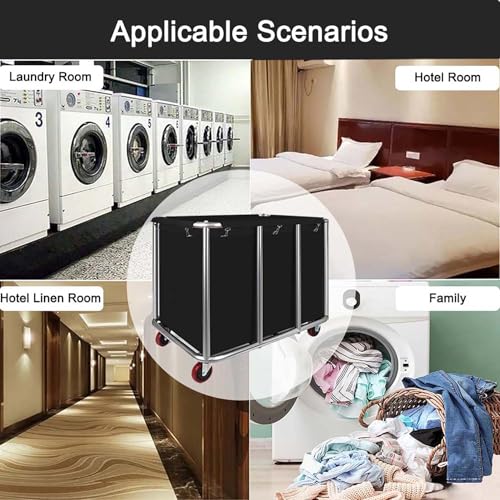 Commercial Laundry Cart with Wheels, 470L Industrial Rolling Laundry Basket, Large Heavy Duty Laundry Sorter with Watertight Oxford Bag & Sturdy Steel Frame for Home, Hotel, Hospital, 440 lbs (Black) - color: Black