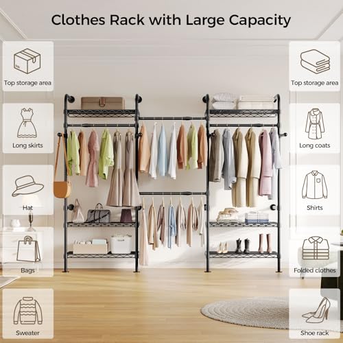 Closet Organizers and Storage, 3-Row Heavy Duty Garment Rack Clothes Rack for Hanging Clothes, Wall Mounted Closet System with 4 Telescopic Rods, 4 Hooks, 6 Shelves for Wardrobe, Bedroom, Small Space - style: 3-Row