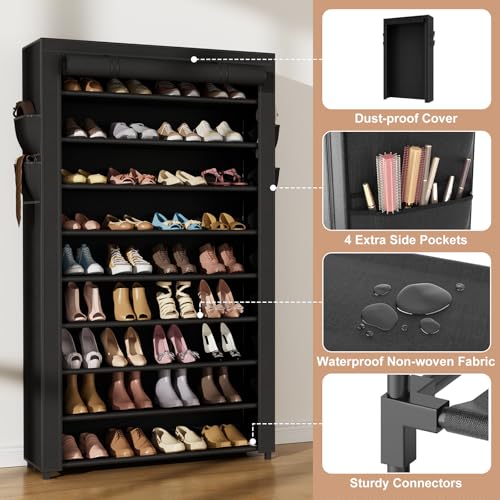 VILICK Shoe Rack with Cover Narrow Shoe Organizer with Pockets 10 Tier Tall Shoe Storage Holds 36-41 Pairs Shoes and Boots Shoe Rack for Closet Entryway Garage, Black - color: Black, size: 10 Tiers-34.6" Wide