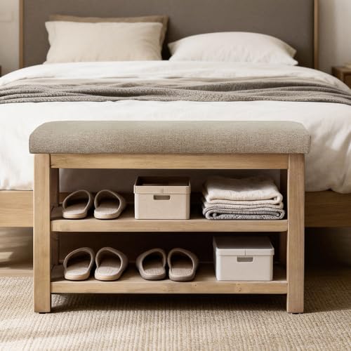 Zihanhome 2 Tier Shoe Rack Bench with Cushion, Solid Wood Shoe Benches, Mid-Century Modern Shoe Storage Bench for Entryway, Hallway, Living Room, Closet, Front Door Entrance, (Brown, 31.5") - color: Brown, size: 31.5"